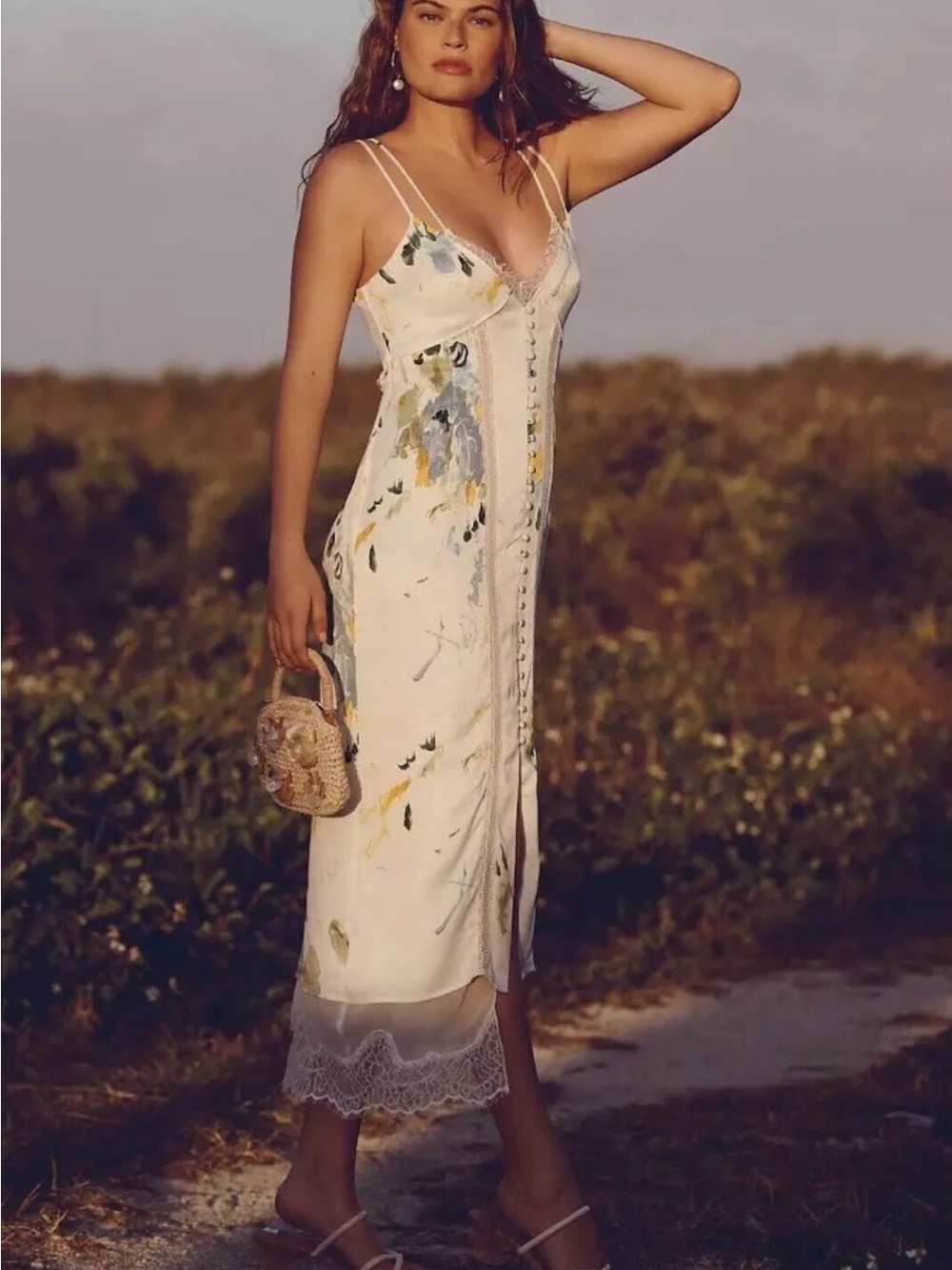 Anthropologie Cream Floral Slip Midi Dress